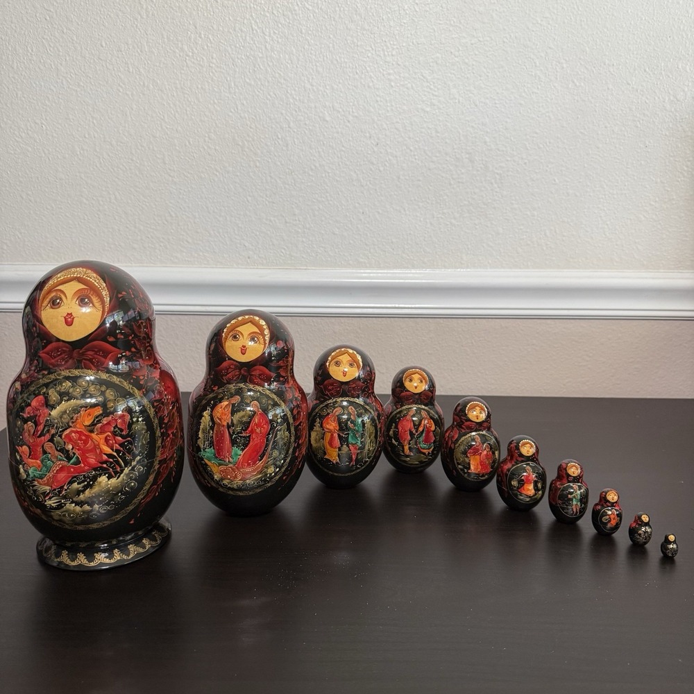 Nesting Doll 10 Piece Set Fairy Tale 9" Tall Signed Russian 1995 Red & Black VTG